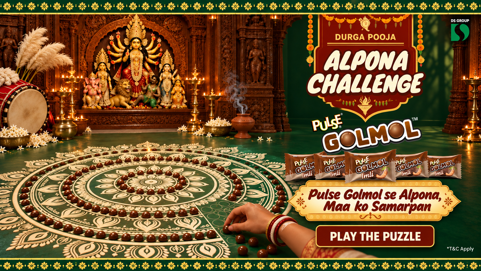 Durga Pooja shrine, an Alpona made with Pulse GOLMOL candies, and the invitation to play the puzzle.